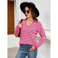 thumbnail image 3 of Womens Sweaters 2025 V Neck Long Sleeve Striped Tops Fall Winter Comfy Knit Clothes Pullover Sweater Pink & White M, 3 of 7