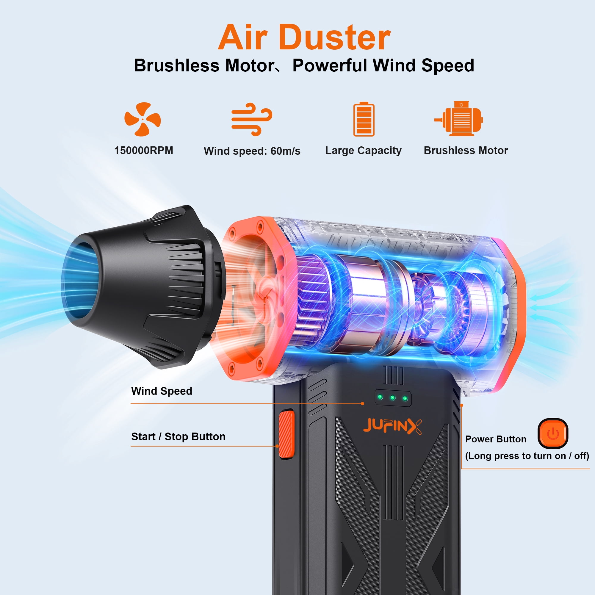 JUFINX 2-in-1 Compressed Air Duster,with Vacuum Pumping of Storage Bag, 150000 RPM Electronic Air Blower, Portable Cleaner for Laptop,PC,Car, Keyboard