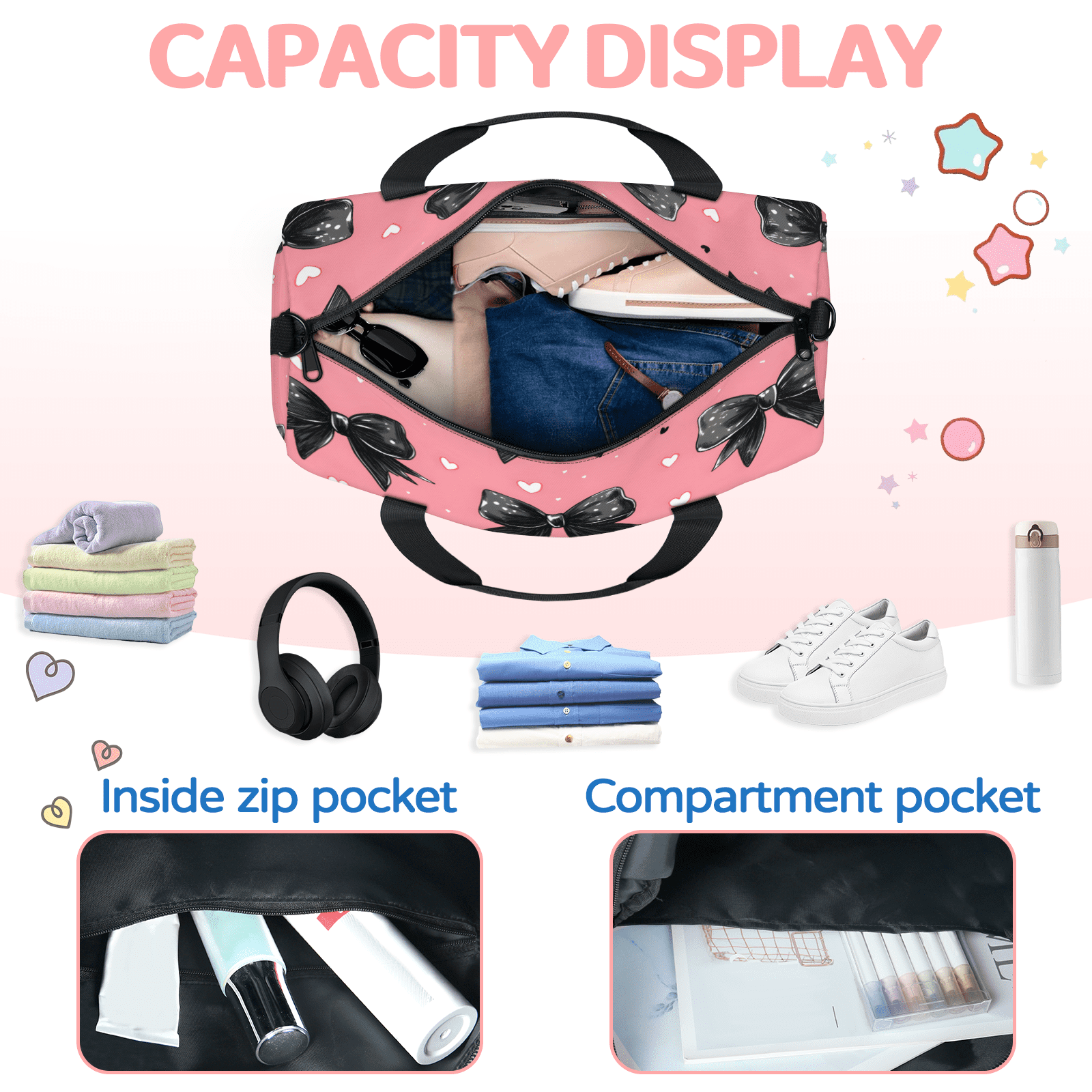 Herdesigns Black Bow Gym Bag for Women, Duffle Bag for Travel Sport, Love Heart Lightweight Waterproof Carry on Weekender Dance Yoga Workout Bags