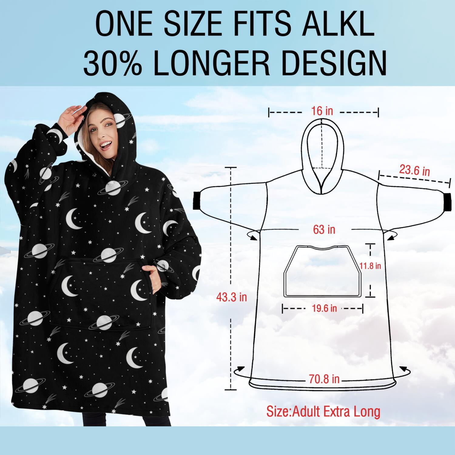 Oversized Wearable Blanket Hoodie,Black Space Moon Planet Pattern Sherpa Blanket Hoodie with Super Pockets,Super Warm Fuzzy Pullover for Women & Men