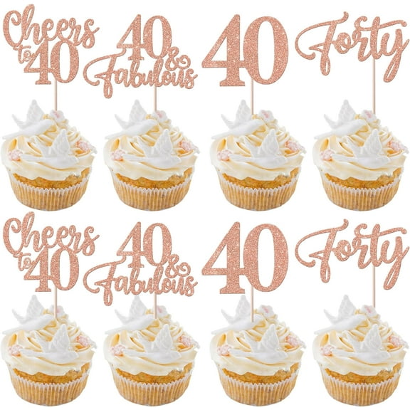 10pcs 40th Birthday Cupcake Toppers Glitter 40 Fabulous Forty Cupcake Picks Cheers to 40 Years Old Cake Decorations for 40th Wedding Anniversary Party Decorations Rose Gold