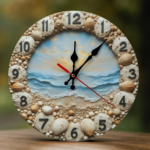 Wall Clock Decorative - Seashell Ocean View Print 2D Vintage Wall Clocks Battery Operated Silent Non-Ticking for Bedroom, Living Room, Kitchen, Office, Classroom, 10 Inch