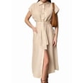 thumbnail image 3 of Women's Button Down Belted Cotton Linen Maxi Dresses Sleeveless Long Pockets Shirt Dress Khaki S, 3 of 9