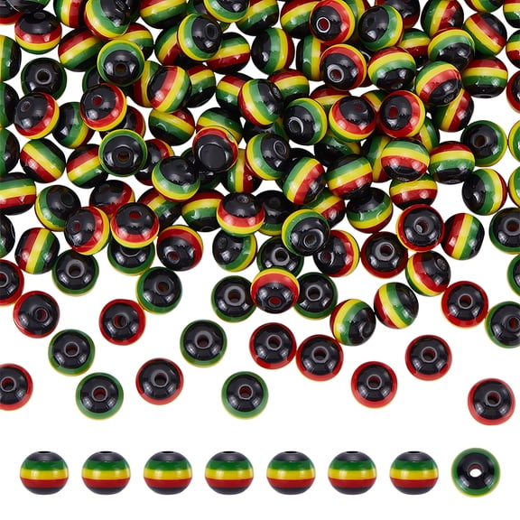 200Pcs Rasta Jamaica Beads 8x7mm Multicolored Striped Resin Rasta Beads Round African Bead Loose Spacer Bead Bulk