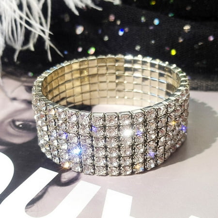2 Row Stretch Bracelet - Fancyleo 6 Rows Rhinestone Crystal Stretch Bracelet Bridal Bridesmaid Jewelry Women Girl