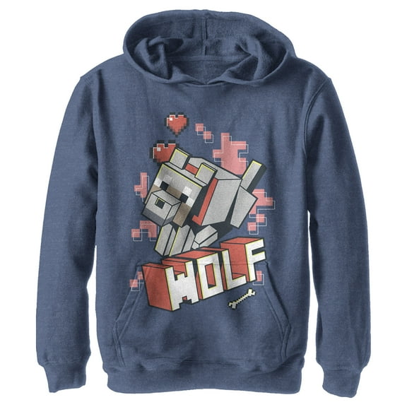 Boy's Minecraft Wolf  Pull Over Hoodie Navy Blue Heather Medium