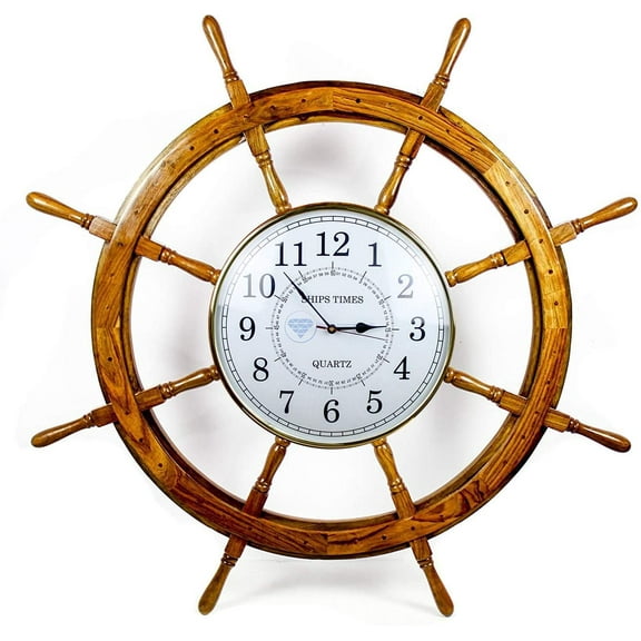 Nagina International Nautical Handcrafted Wooden Premium Wall Decor Wooden Clock Ship Wheels | Pirate's Accent | Maritime Decorative Time's Clock (42 Inches, Clock Size - 14 Inches)