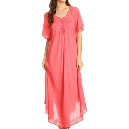 Sakkas Lilia Embroidered Lace Up Bodice Relaxed Fit Maxi Sun Dress - Coral - One Size Regular