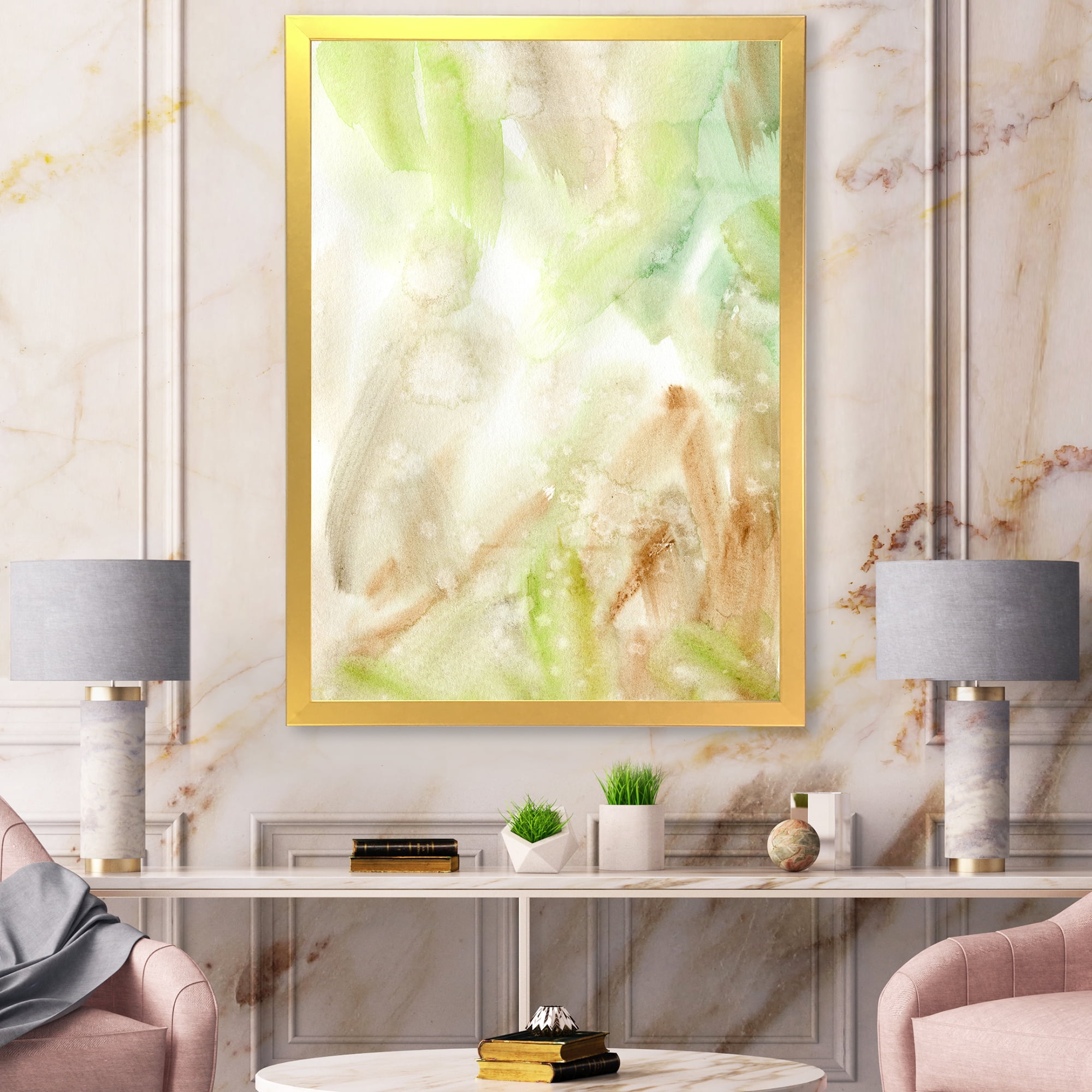 Designart 'Pastel Abstract With Brown Green and Beige Spots' Modern Framed Art Print