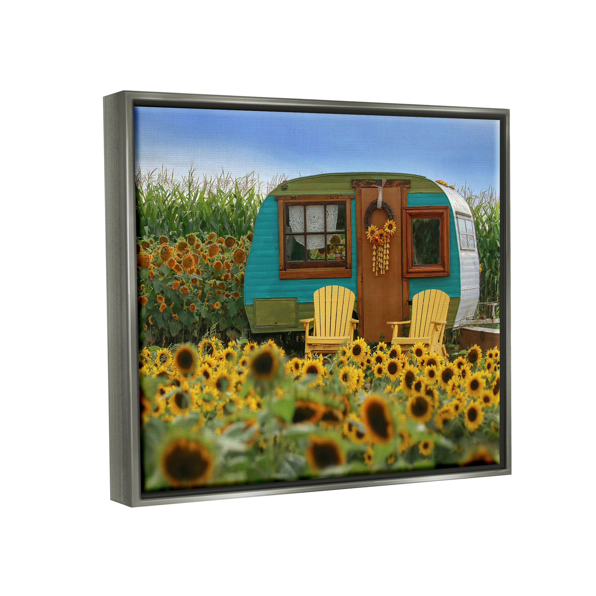 Stupell Lovely Sunflower Field Camper Botanical & Floral Photography Gray Floater Framed Art Print Wall Art
