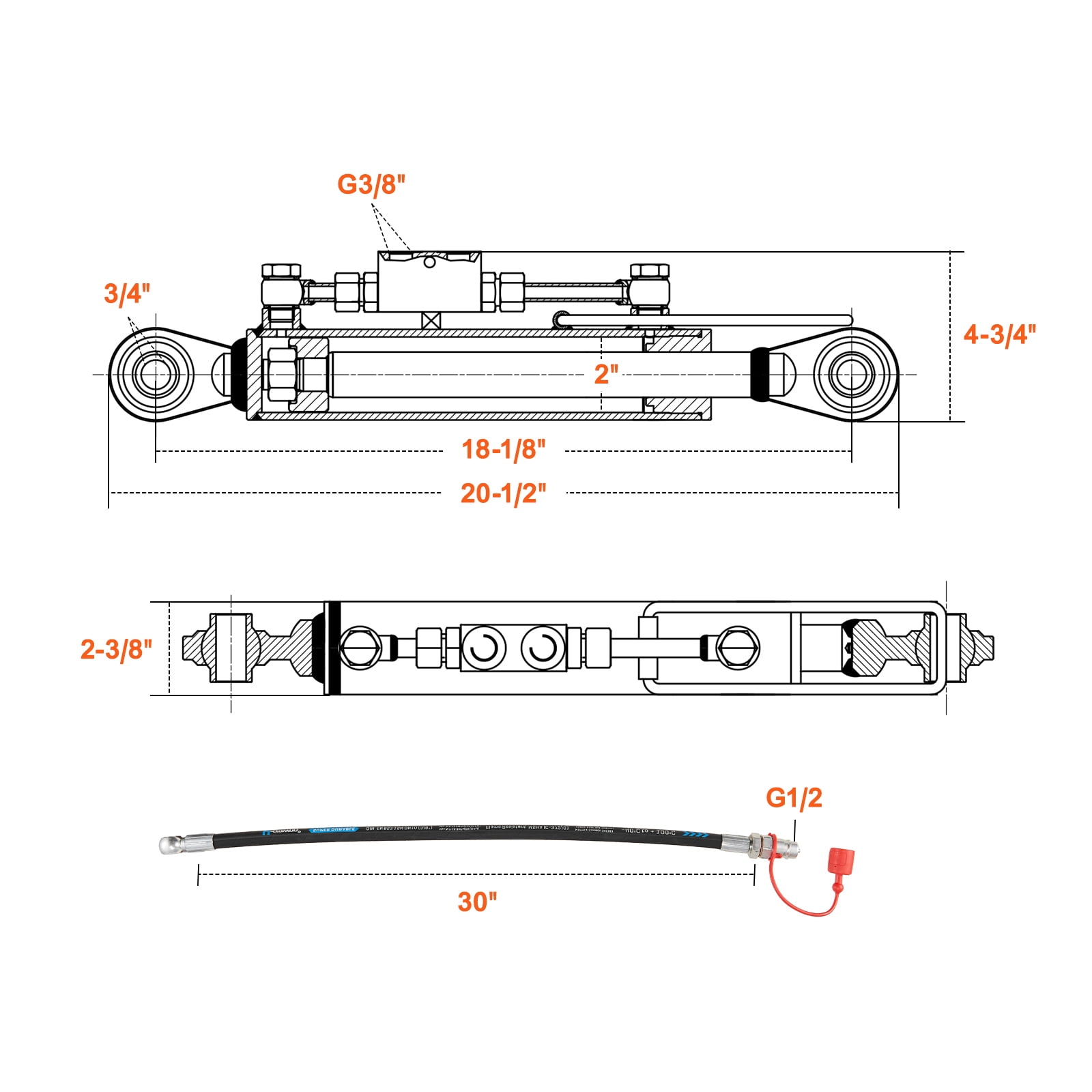 KFFKFF Hydraulic Adjustable Link Cat.1-1 (8.25 inches, 18.125~26.375 inches), Including Hydraulic Cylinder, 2 Hoses, & G3/8'' Valve