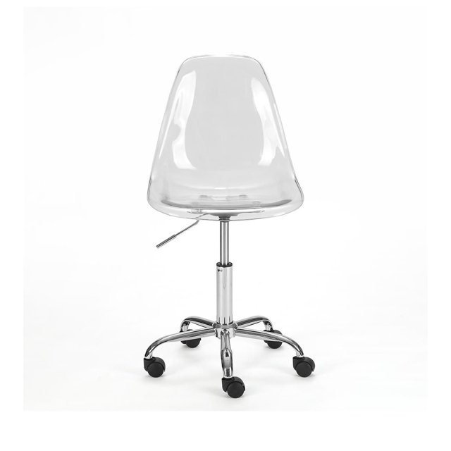 Adjustable clear acrylic office chair with a curved backrest, chrome swivel base, and caster wheels for mobility.