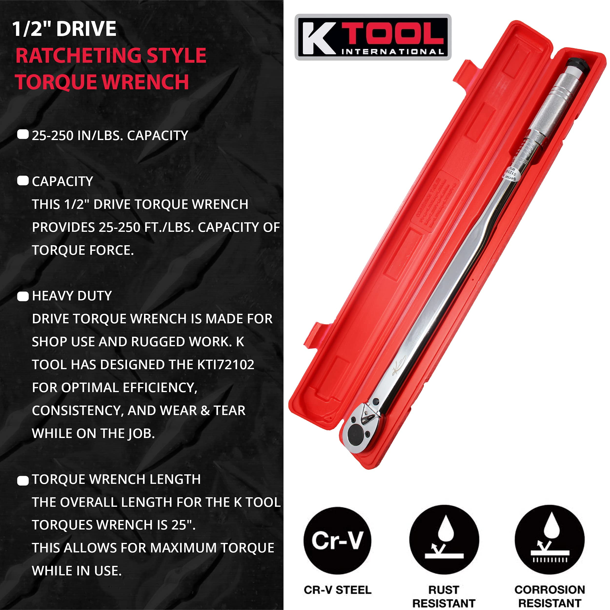 K Tool International 72102 Ratcheting Torque Wrench with 1//2