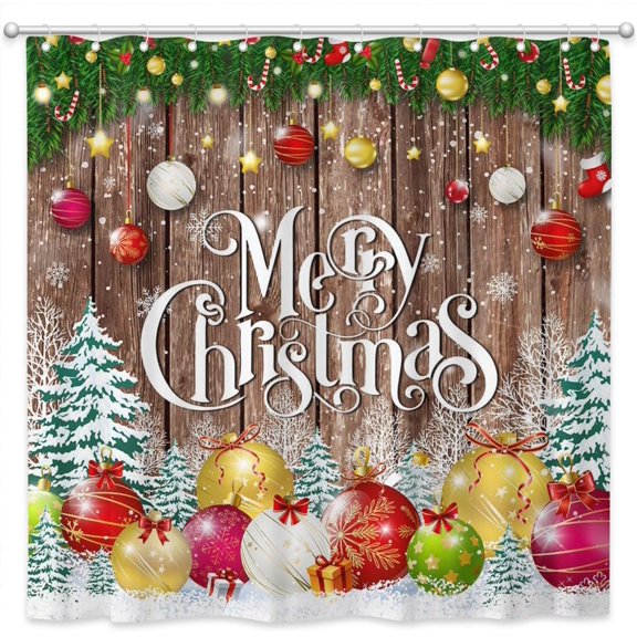 Merry Christmas Shower Curtain Rustic Wood Xmas Balls Bathroom Curtain Set Winter Snowy Pine Trees Holiday Decors Polyester Fabric Bathtub Decor with 12 Hooks 72x72 Inches