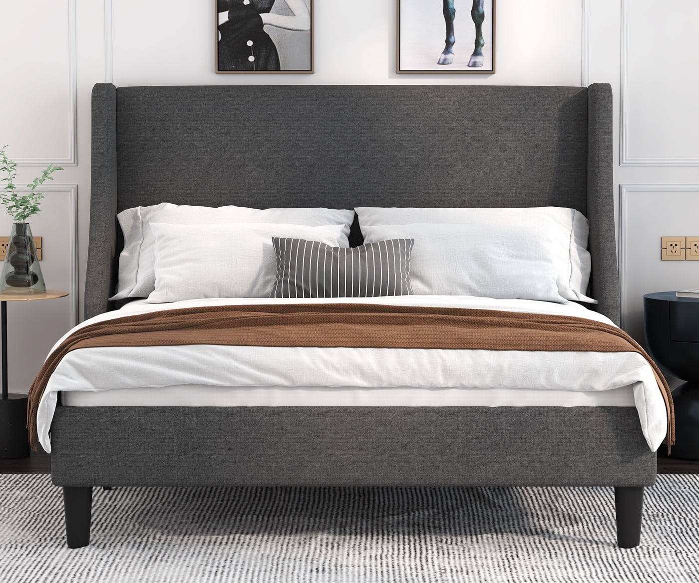 Allewie King Size Bed Frame With Fabric Upholstered Platform And ...