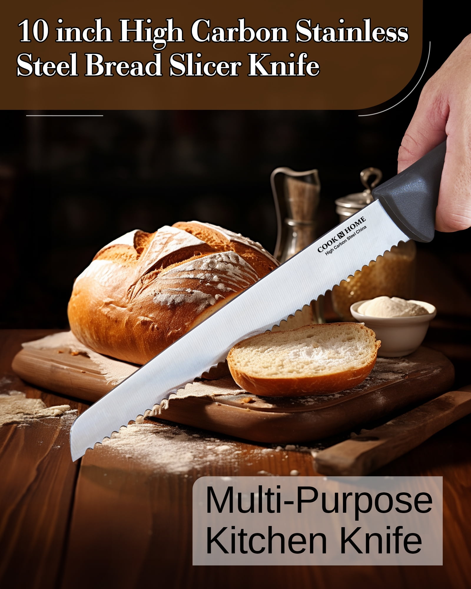 Cook N Home Professional Cutlery 10 Inch Bread Slicer Knife, Wavy Serrated High Carbon German Stainless Steel Sharp Kitchen Knife, Ergonomic Handle, Black