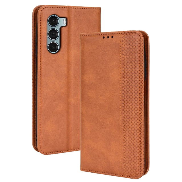 Compatible with Motorola Moto G200 5G Case Magnetic Closure Vintage Pattern PU Leather Wallet Cover with Card Slots-Brown
