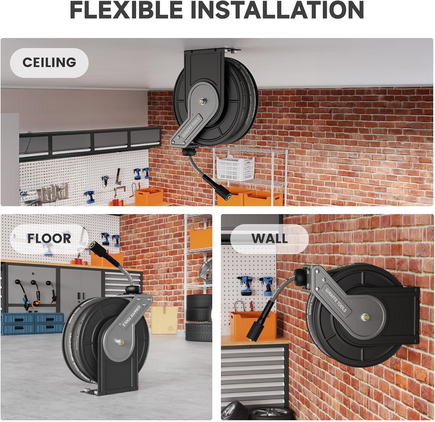 Giraffe Tools 1/4" x 60 ft Retractable Pressure Washer Hose Reel, 4000PSI Hose, Wall/Floor Mounted