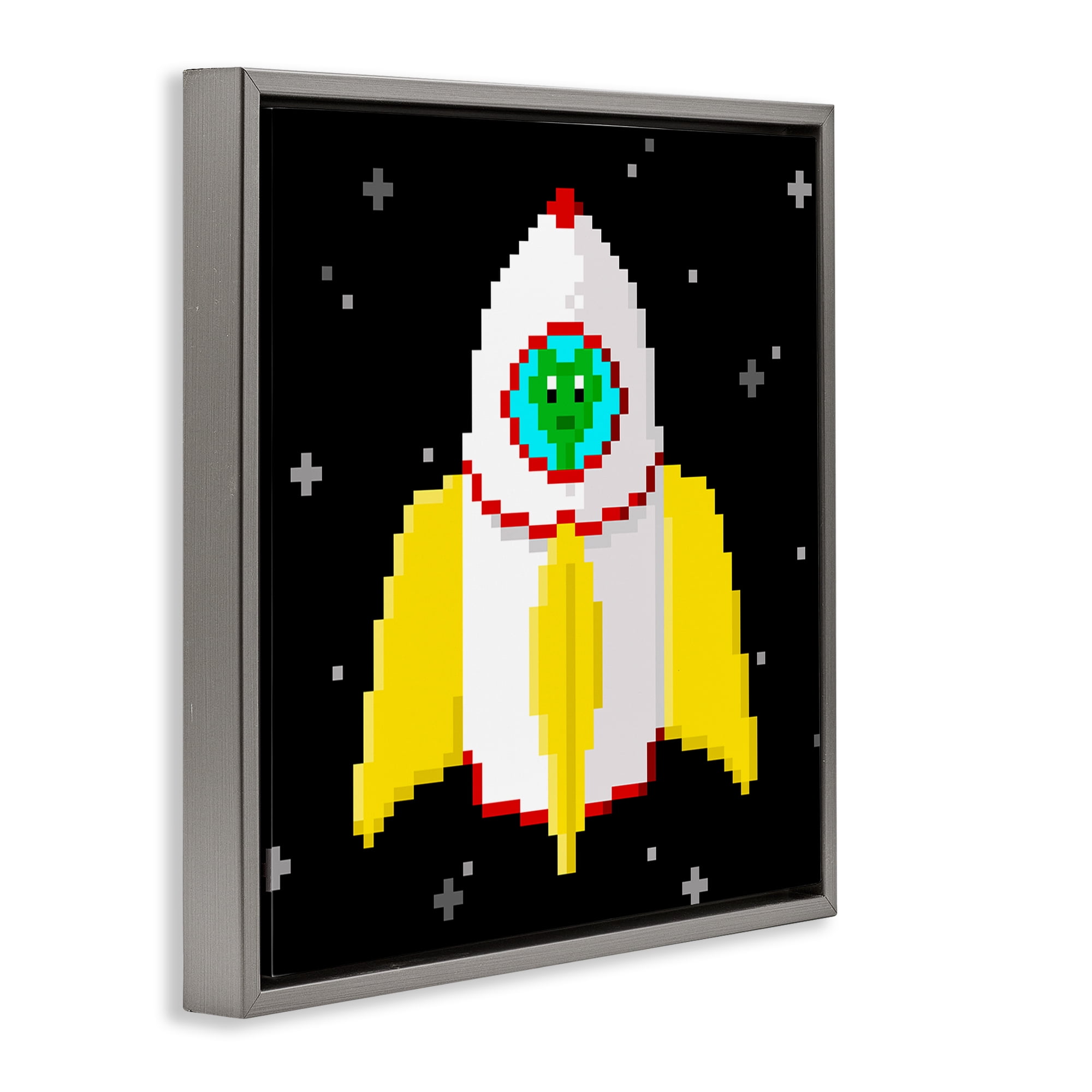 Stupell Industries Pixel Alien in Space Novelty & Humor Painting Gray Floater Framed Canvas Art Print Wall Art, 25 x 25