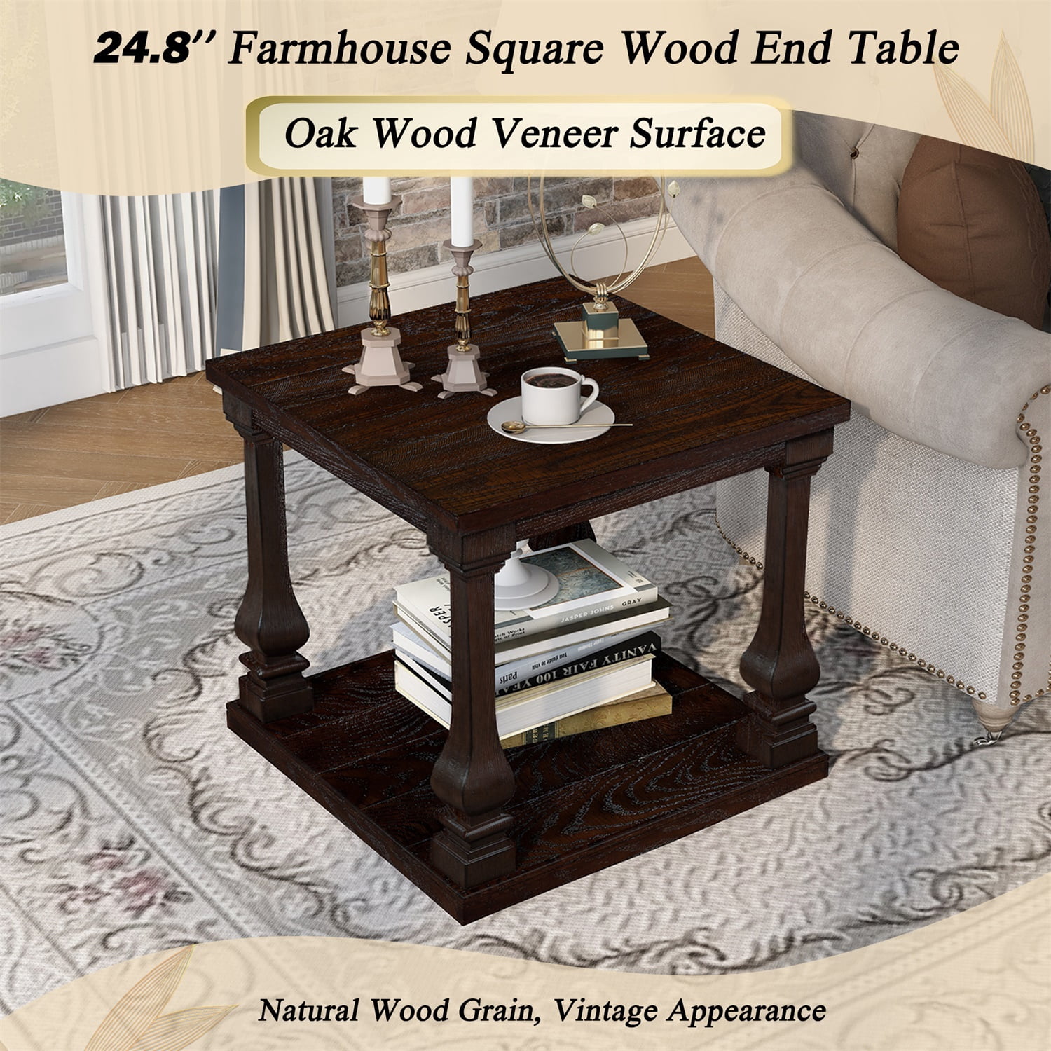 Hommoo 24.8" Farmhouse Wooden End Table with Storage Shelf, Vintage Square Side Table with Carved Legs for Living Room, Bedroom & Entryway, Espresso