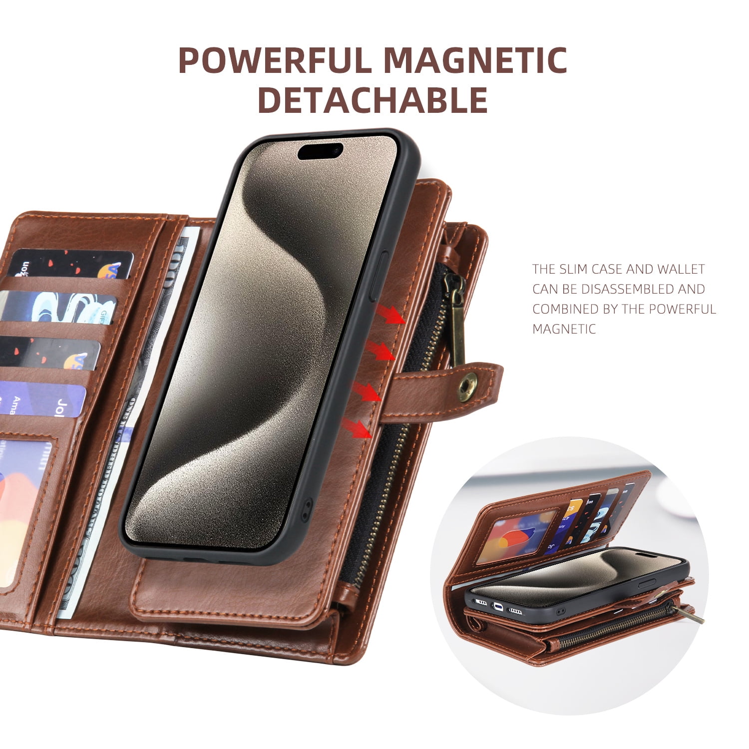 2 In 1 Wallet Phone Case for Apple iPhone 13 Pro Max, Detachable Magnetic Back Cover with Cards Holder Zipper Pocket Hand Wrist RFID Blocking Snap Closure Shockproof Case for iPhone 13 Pro Max, Brown
