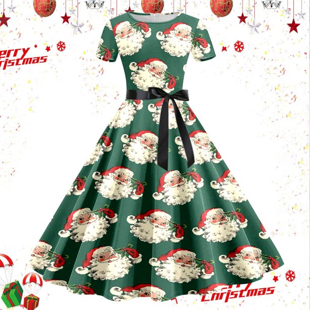 Vestidos Casuales Para Mujer, Vestido de Fiesta de Noche de Manga Corta Con Estampado Navideño de Los Años 50