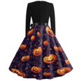 thumbnail image 5 of Women's Halloween Dress Candy Witch Hat V Neck Hepburn 1950s Cute Dress Long Sleeve Cocktail Casual Classic Tea Length Dress with Belt L, 5 of 5