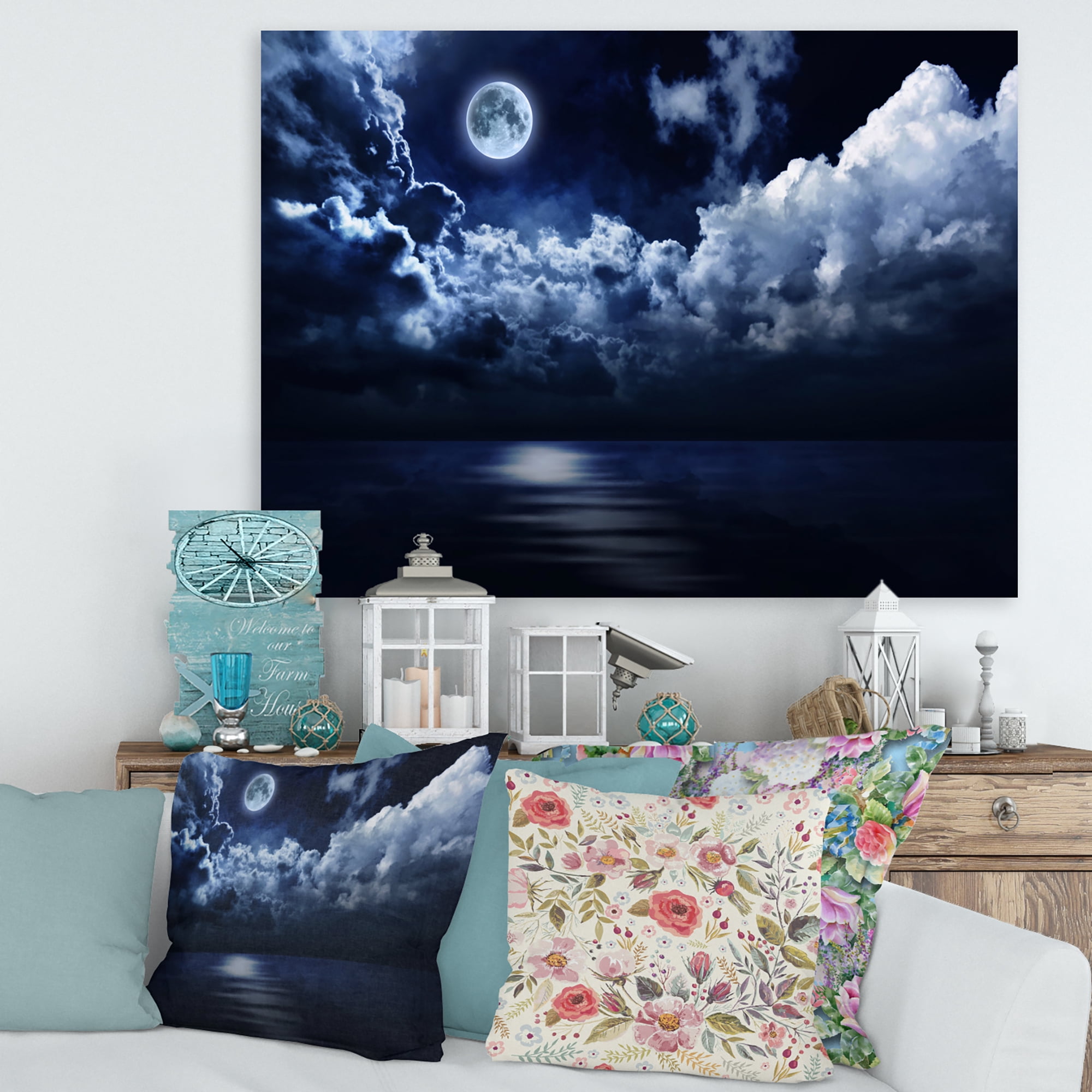 Designart ' Full Moon Night in Cloudy Sky ' Modern Canvas Wall Art Print