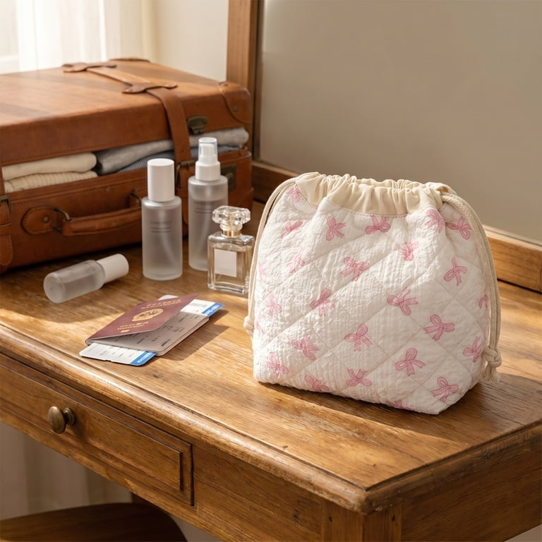 drawstring travel makeup bag uekeboag Cotton Quilted (04White Bear) Go COSMO is a cosmetic bag that converts into an easily transportable handled clutch allowing for quick and effortless clean Makeup Bag for Women Drawstring