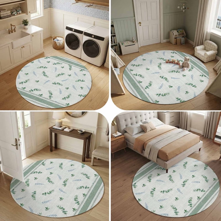 Round Rug 5Ft Washable Non-Slip, Green Leaves Circle Area Rugs for ...