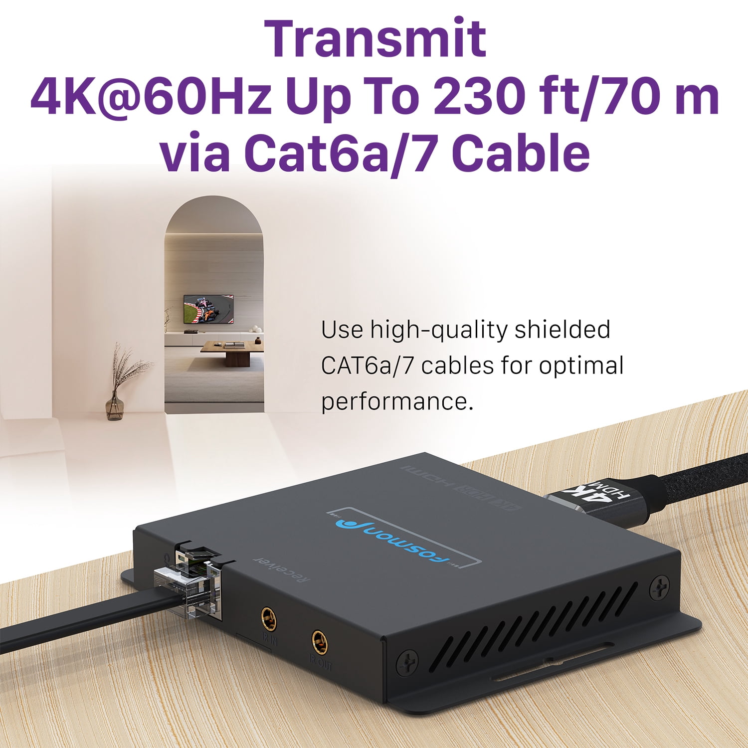 Fosmon HDMI Splitter 4K@60Hz 1 In 2 Out HDMI Extender (230ft -70M) Over Single Cat6a/7 Cable with AC Adapter - Black