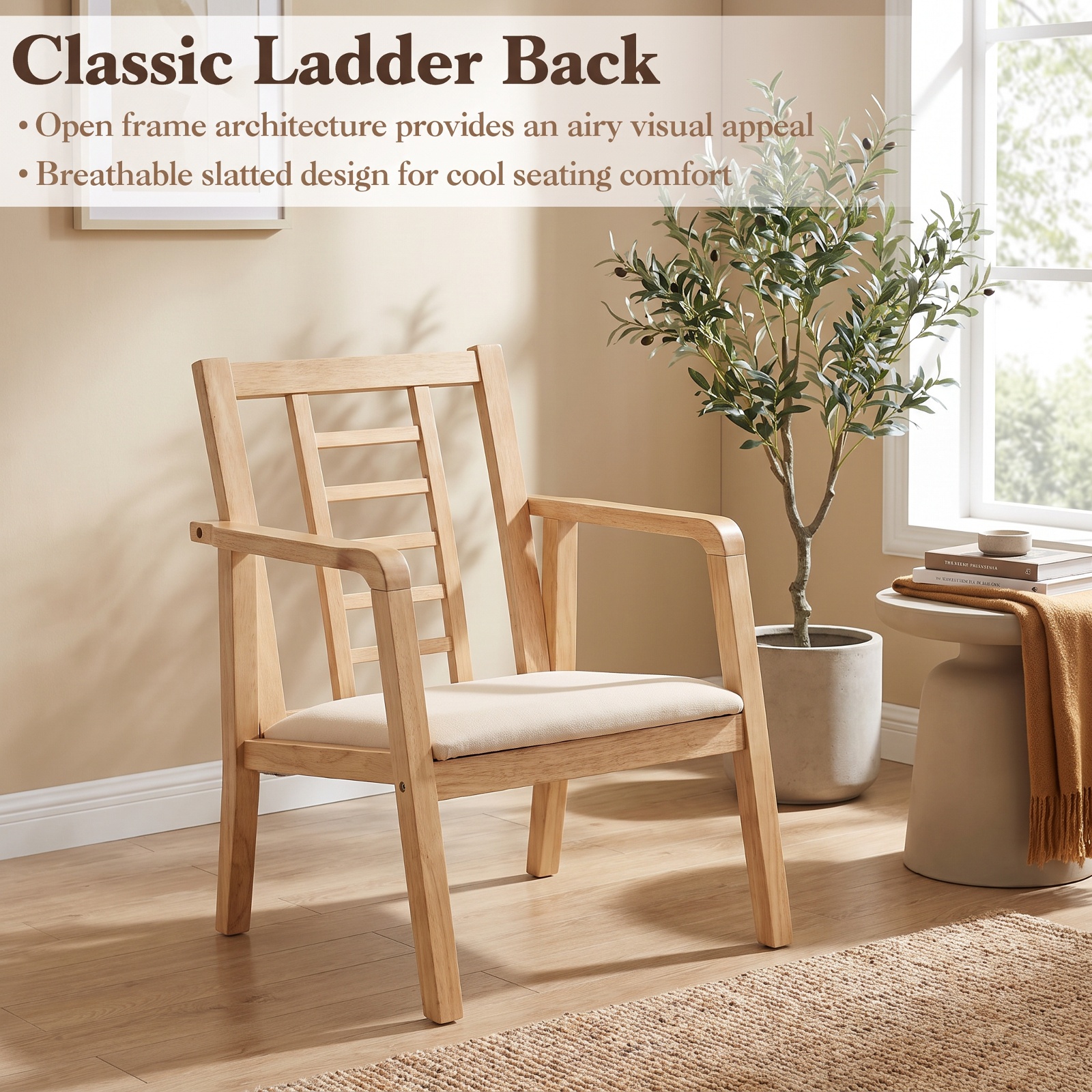 Biotree Wooden Rocking Chair with Upholstered Seat and Ladder Back for Living Room, Natural