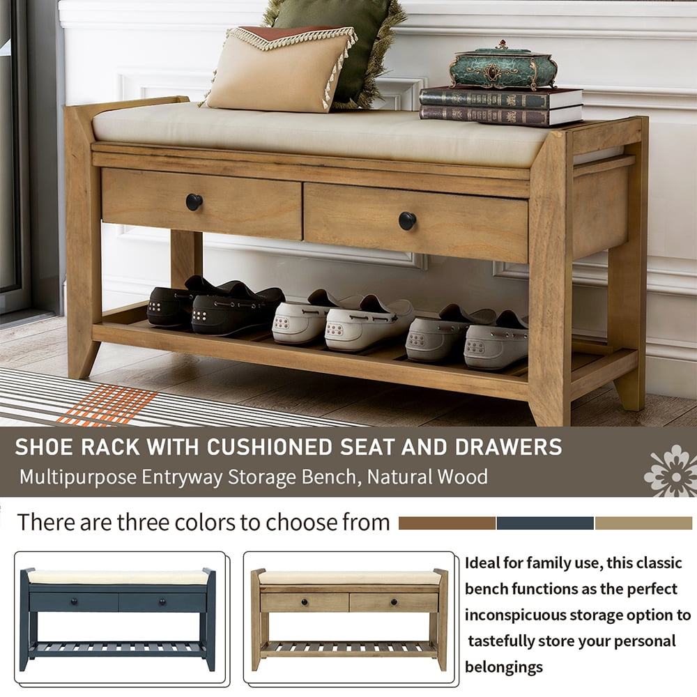 Lowestbest Wooden Storage Bench, Shoe Bench Rustic Solid Wood Entryway Bench Rack, Shoe Rack with Cushioned Seat and Drawers, Old Pine