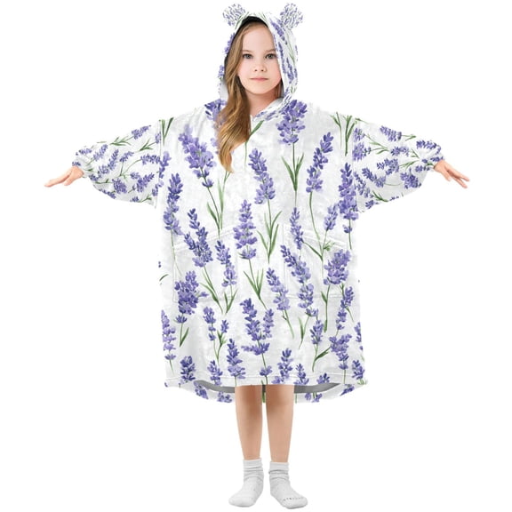 FORMRS Wearable Blanket Hoodie with Sleeves for Kids Cozy Flannel Sweatshirt, Watercolor Lavender Pattern