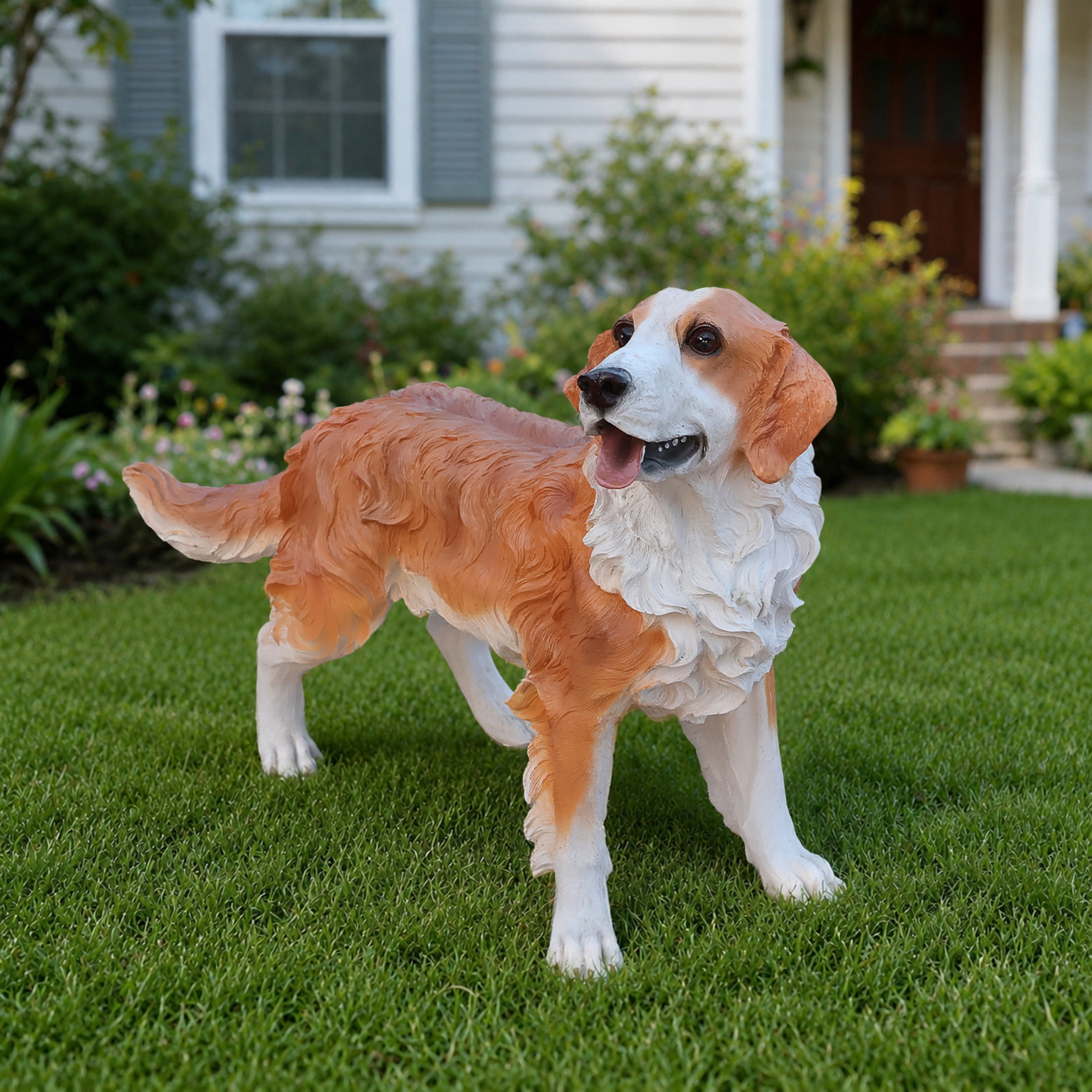 Noble House Lifelike Standing Hound Dog Statue, Realistic Resin Animal Figurine for Outdoor Garden Decor, Brown White