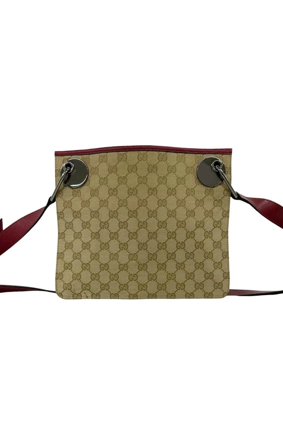 Pre-Owned GUCCI GG Monogram Canvas Leather Shoulder Bag/Pouch/Sacoche - Beige/Burgundy 03674