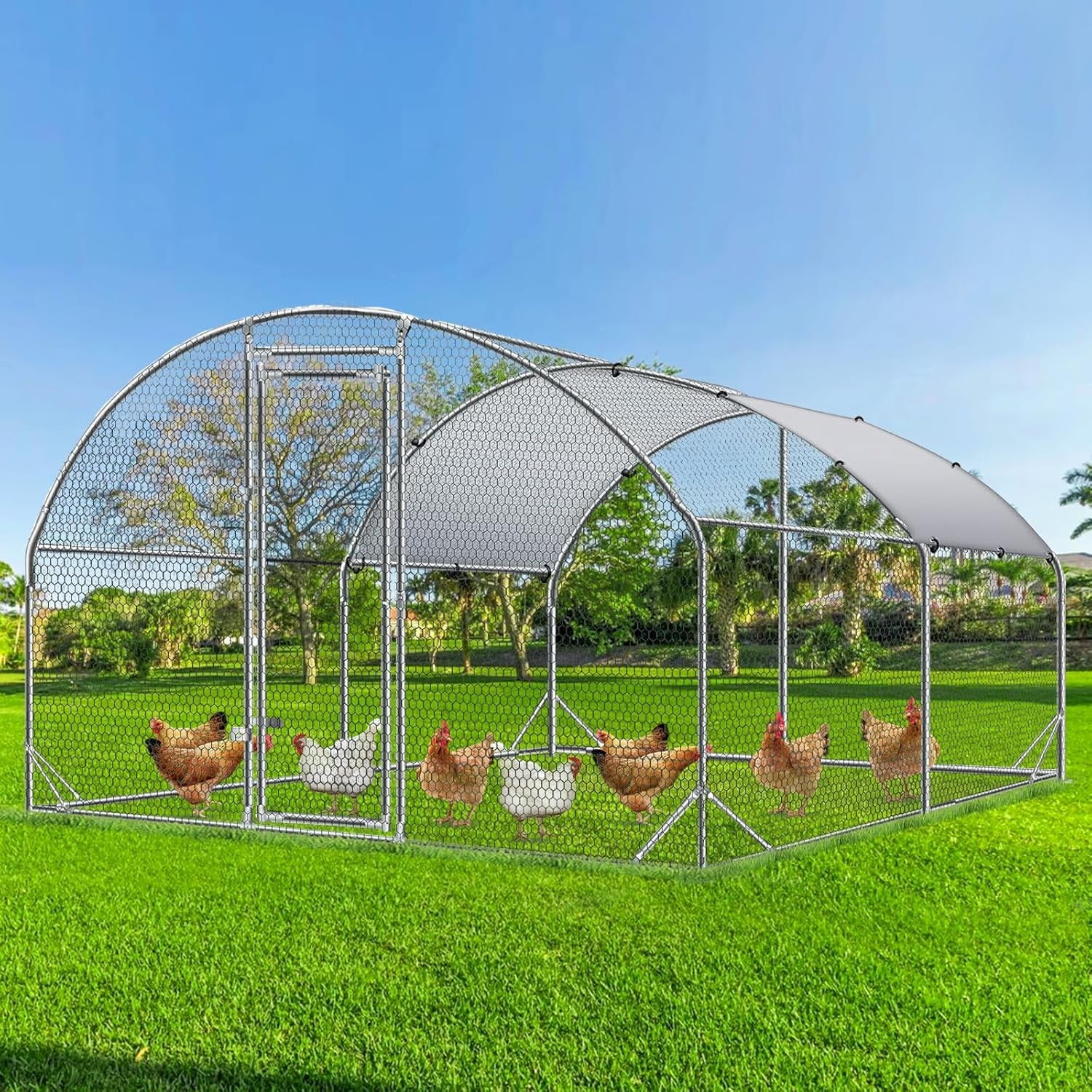 4 EVER WINNER Large Metal Chicken Coop, Walk-in Chicken Run with Reinforced Wire Mesh & Anti-UV Cover, Dome Roofed Poultry Cage for Chickens, Ducks, Rabbits, Outdoor Backyard Farm Pen