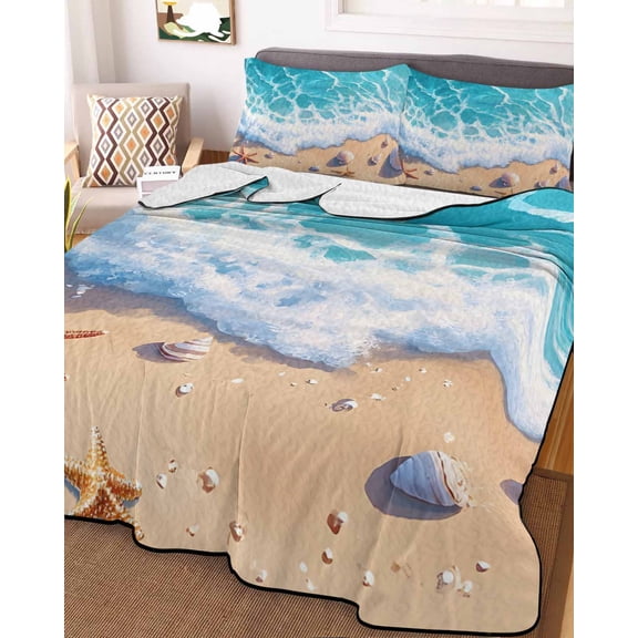 Ocean Beach King Size Down Alternative Comforter, Lightweight Comforter Quilt Bedding Set with Pillow Shams Coastal Nautical Starfish Shells Sea Waves All Seasons Bed Comforter Duvet Insert 96"x106"
