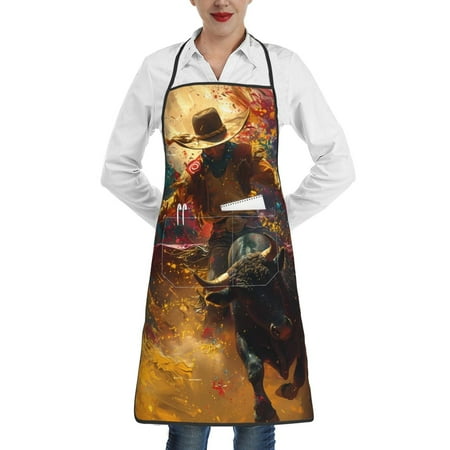

Pofeuu Colorful Bull Western Man Print Aprons with Pockets Cute Aprons for Kitchen Cooking Server Barber Chef Apron