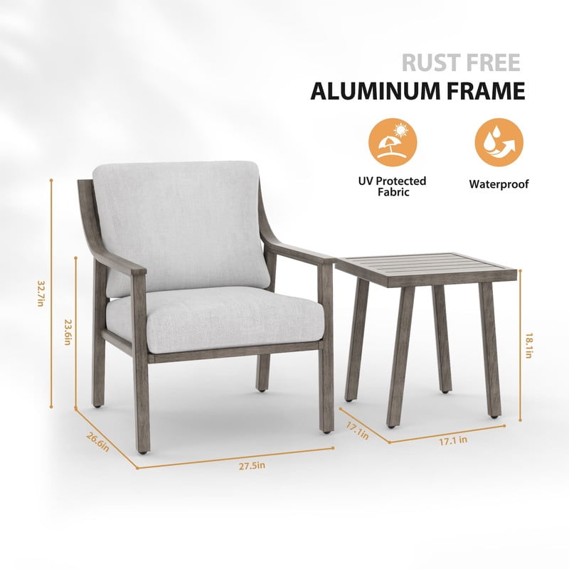 3-Piece Patio Bistro Set, All-Weather Aluminum Outdoor Conversation Set Includes 1 Side Table and 2 Cushioned Armchairs