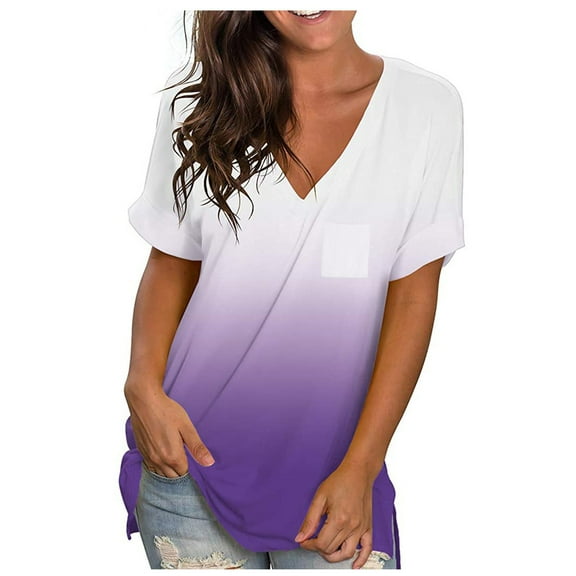 Aloohaidyvio Tops for Women,Womens Fashion Pockets Casual Gradient V-Neck Short Sleeve Loose T-Shirt Tops