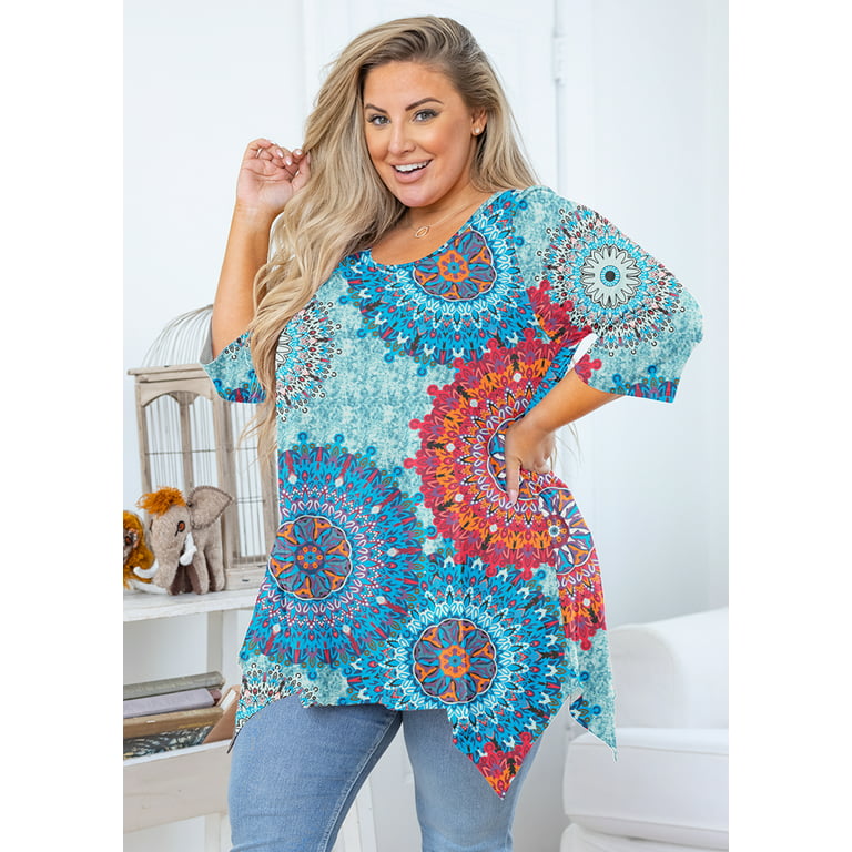 SHOWMALL Plus Size Tunics for Women 3/4 Sleeve Blouse Swing Top Floral Mix  Blue 3X Clothing Crewneck Maternity Loose Fitting Clothes 