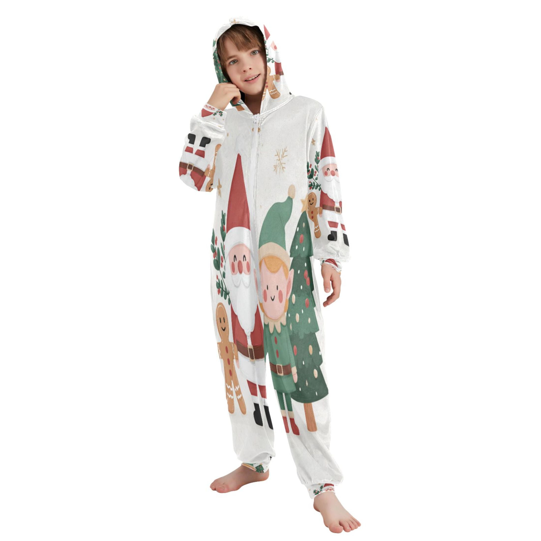 Ttyddzy Children's one-piece Hooded Pajamas Soft Crystal Velvet with Kids Girl Boys,Loose Convenience Long Sleeves Zipper for 4T-14Y ，Santa Claus and The Little Elves