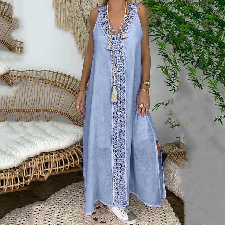 Awdenio Women's Formal Dresses On , Women Plus Size V-neck Sleeveless Beach Loose Lace Patchwork Long Dress Maxi Dress, Size: Medium, Blue