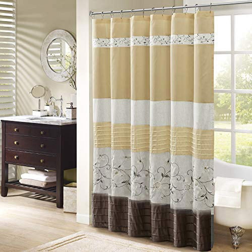Madison Park Serene Faux Silk Embroidered Transitional Floral 1-Piece Shower Curtain, Yellow, 72x72"