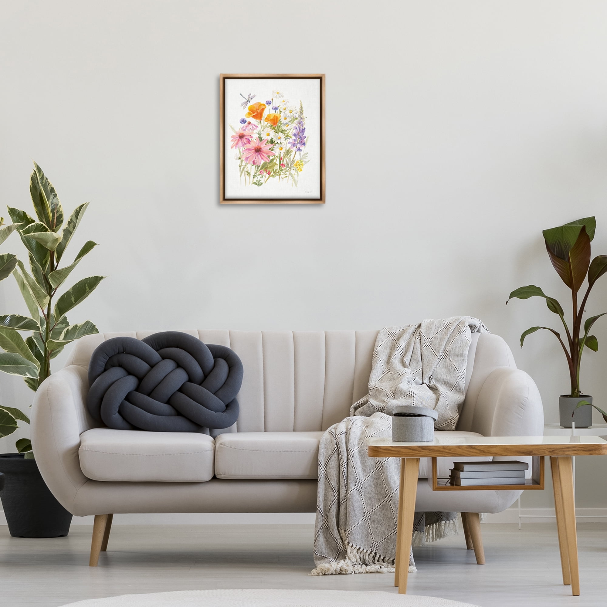 Stupell Industries Bright Flowers & Dragonfly Botanical & Floral Painting Brown Floater Framed Art Print Wall Art, 17 x 21