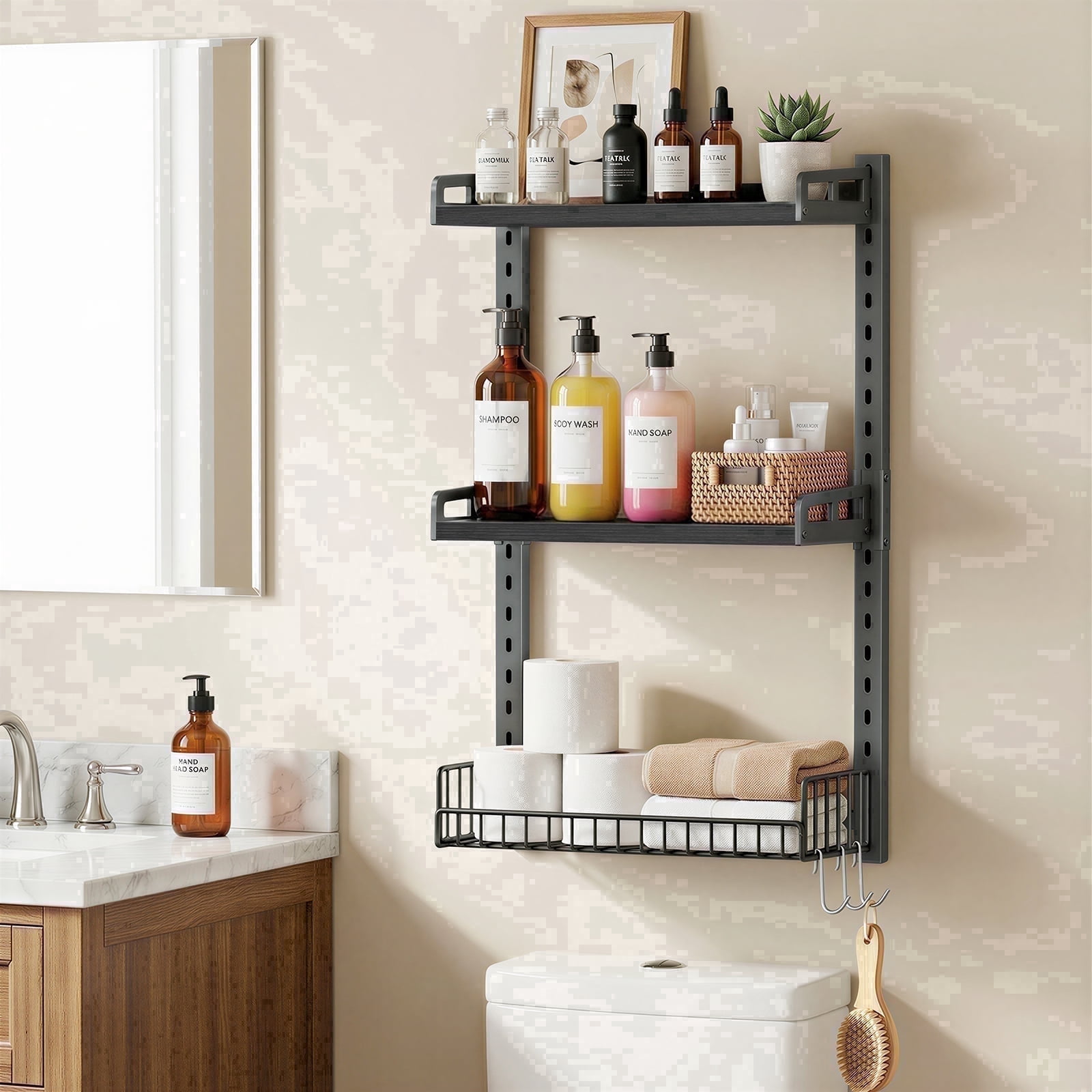Biemlerfn 3-Tier Wall Mounted Storage Organizer Shelf, Space-Saving & Height-Adjustable Over The Toilet Storage Rack for Bathroom, Kitchen, Living Room, Black