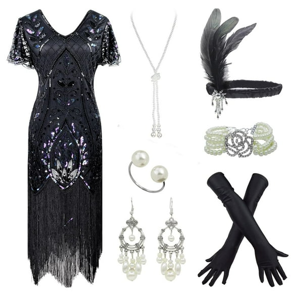 Women 1920S V Neck Sequined Beaded Gatsby Flapper Dress with 20s Accessories Set (XXXL, Style Flora 2 Black)