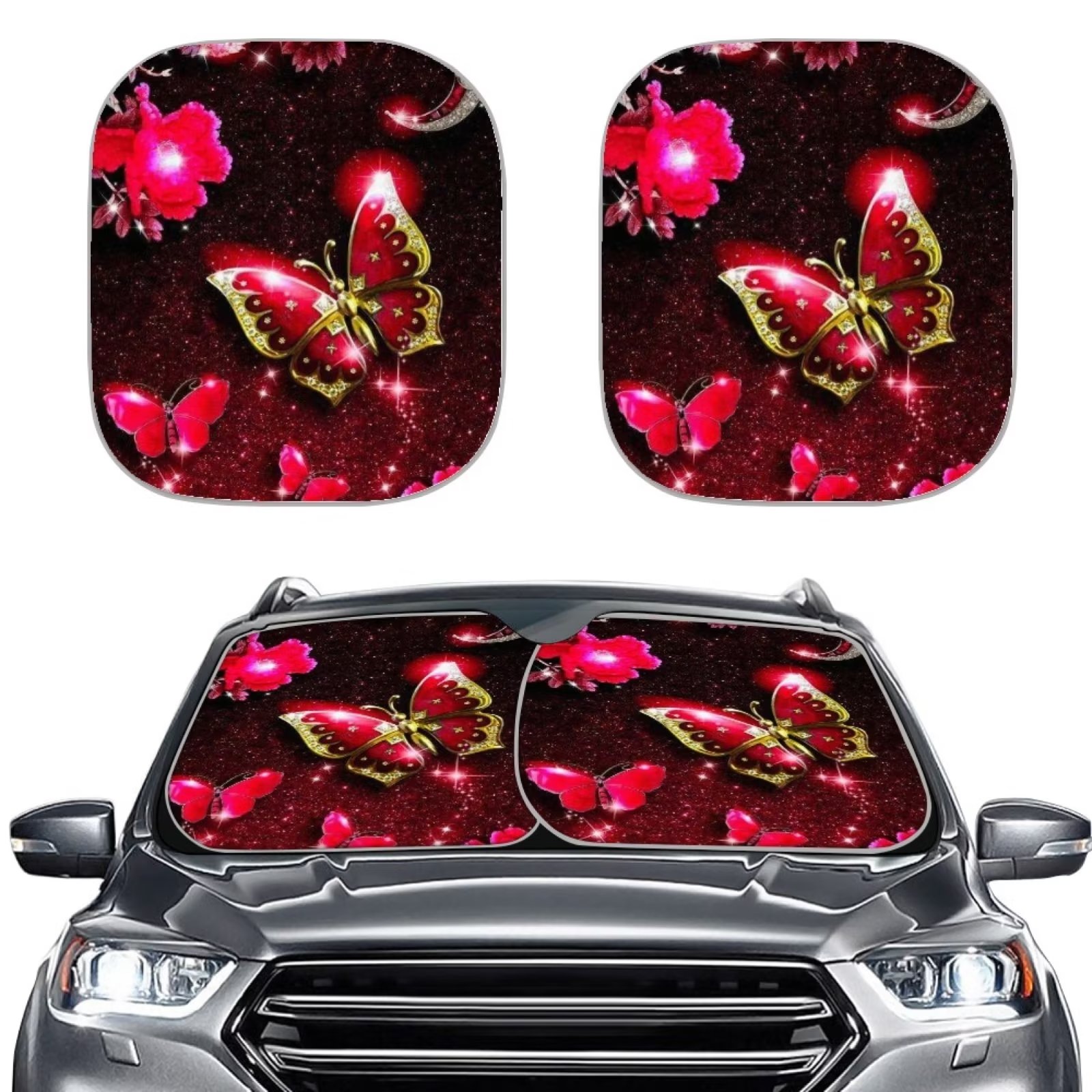 Diaonm Red Butterfly Print Automotive Windshield Sunshades 2PCS