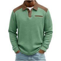 ZOYOEN Mens Fashion Waffle Polo Shirts- Long Sleeve Color Block Casual Button Up Golf Shirts Green Size XL